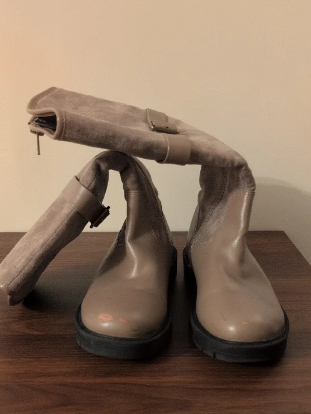 Kids Taupe Knee-High Suede & Leather Buckle Boots - Size 1